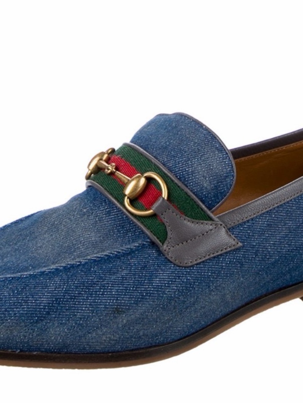 Gucci Blue Denim Horsebit Loafers with Green-Red Web - Picture 2 of 3